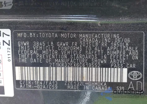 2006 Toyota Matrix z USA, uszkodzony, nr VIN 2T1KR32EX6C619552